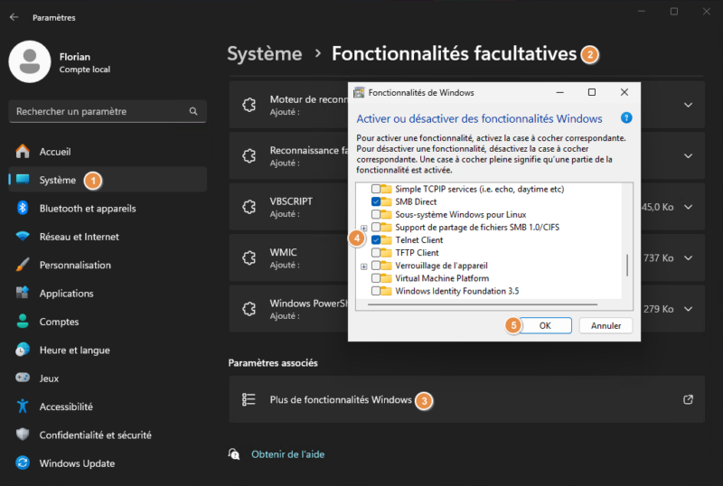 Activer le client Telnet avec les paramètres Windows 11