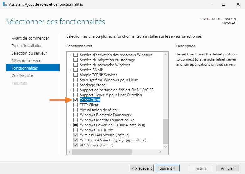 Installation Telnet Client sur Windows Server 2025