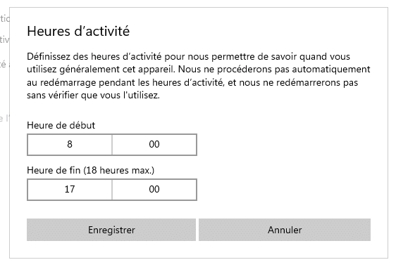 Windows 10 Heures d'activité