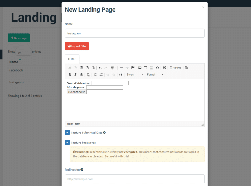 Création d'une landing page Gophish