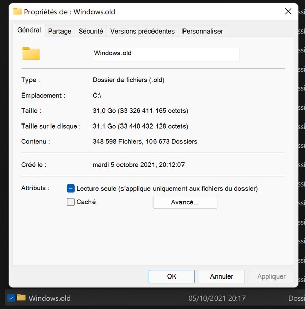 Dossier Windows.old sur Windows 11