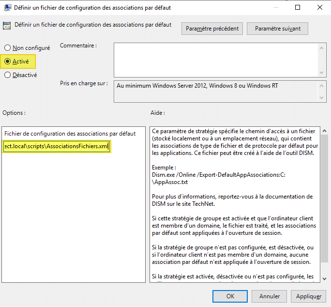 Configuration du paramètre Le paramètre "Définir un fichier de configuration des associations par défaut"