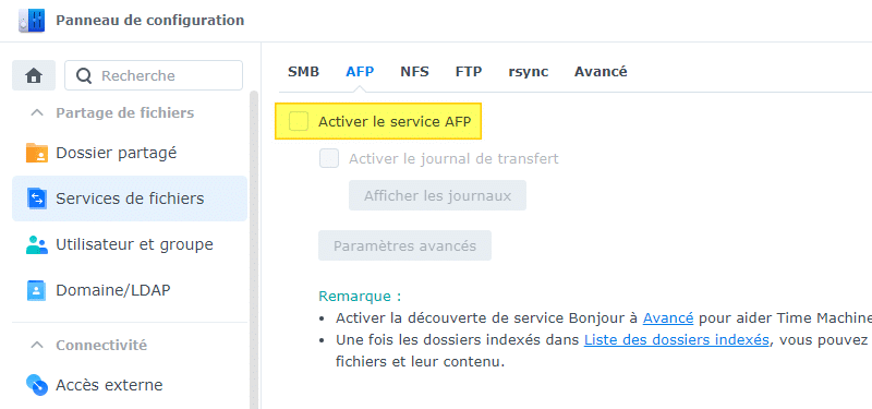 Synology - Désactiver AFP