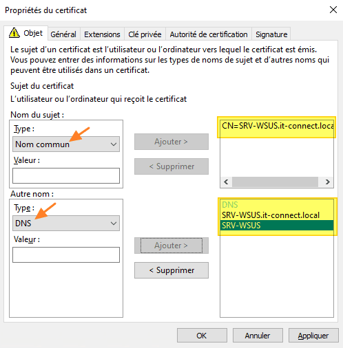 Serveur WSUS - Paramétrage du certificat SSL via ADCS