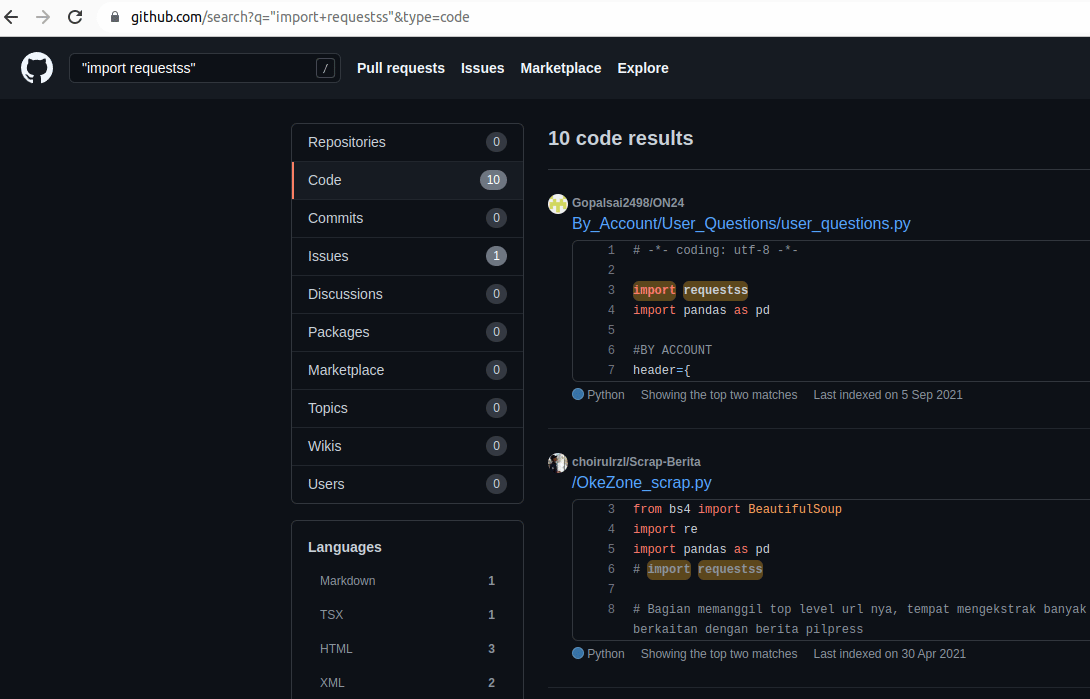 Erreur typographique lors de l'importation du package Python requests sur des projets présents sur Github