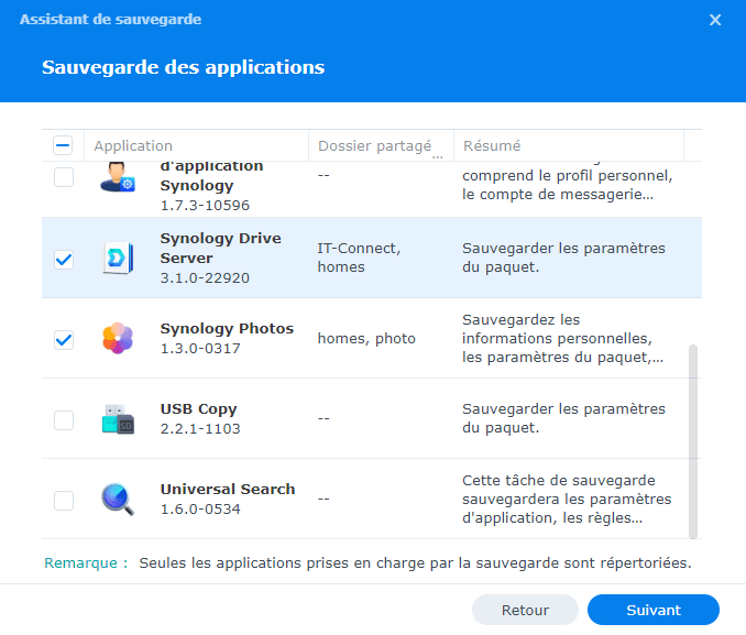 Synology - Hyper Backup - Applications à sauvegarder