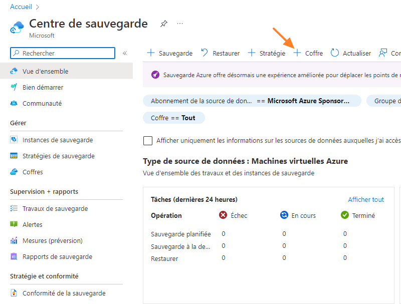Azure - Centre de sauvegarde - Créer un coffre