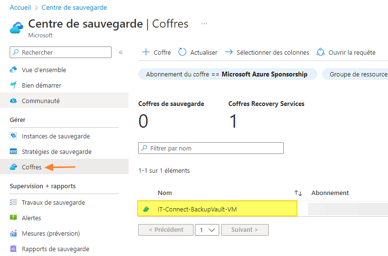 Azure - Centre de sauvegarde - Liste des coffres