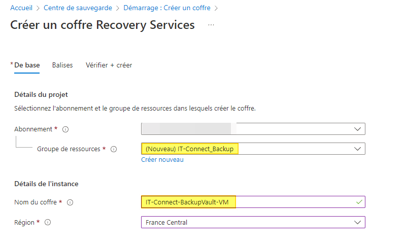 Azure - Créer un coffre recovery services vault