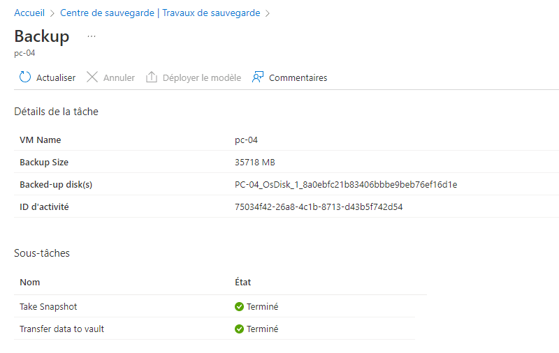 Azure VM Backup - Détails tâche de sauvegarde