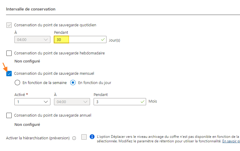 Azure VM Backup - Intervalle de conservation