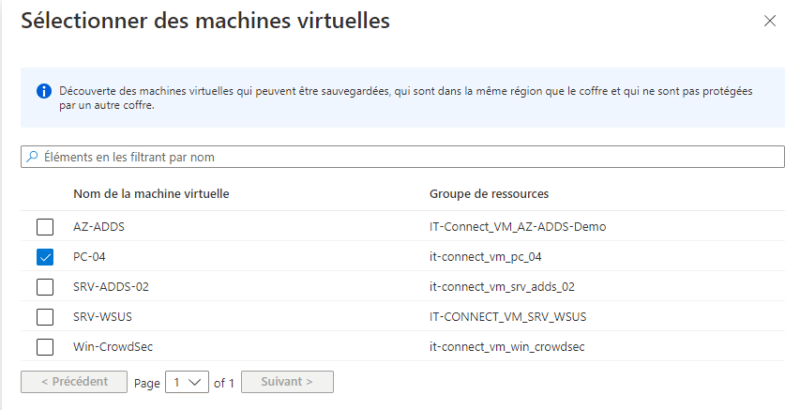 Azure VM Backup - Sélectionner les machines virtuelles à backup