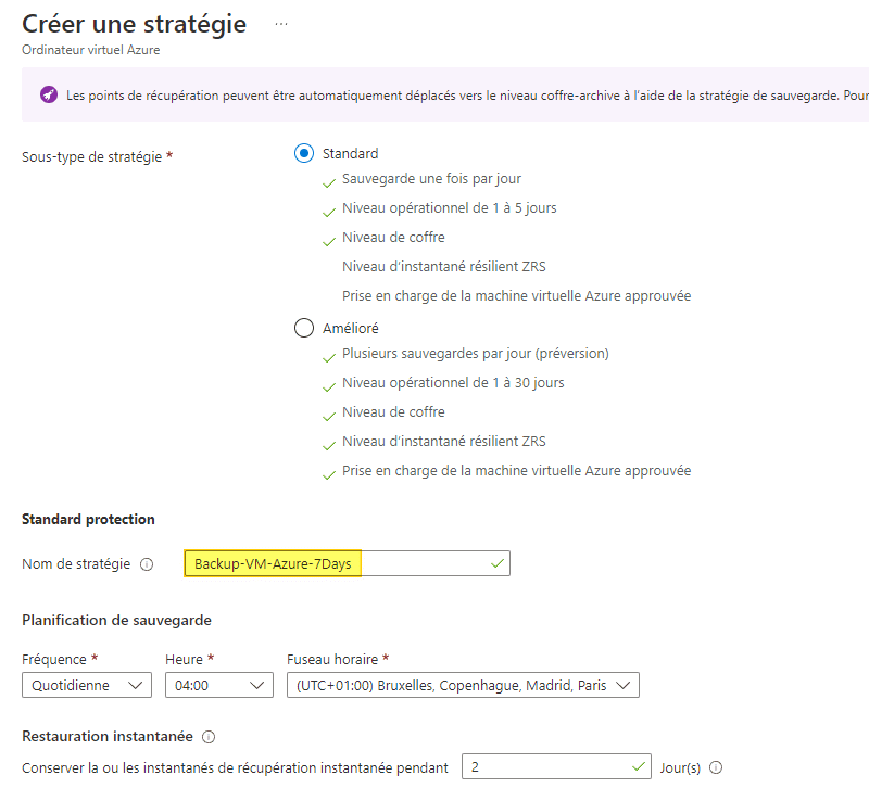 Azure VM Backup - Stratégie de sauvegarde