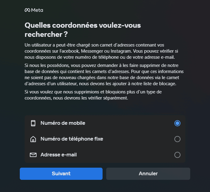 Meta - Facebook - Supprimer e-mail et téléphone