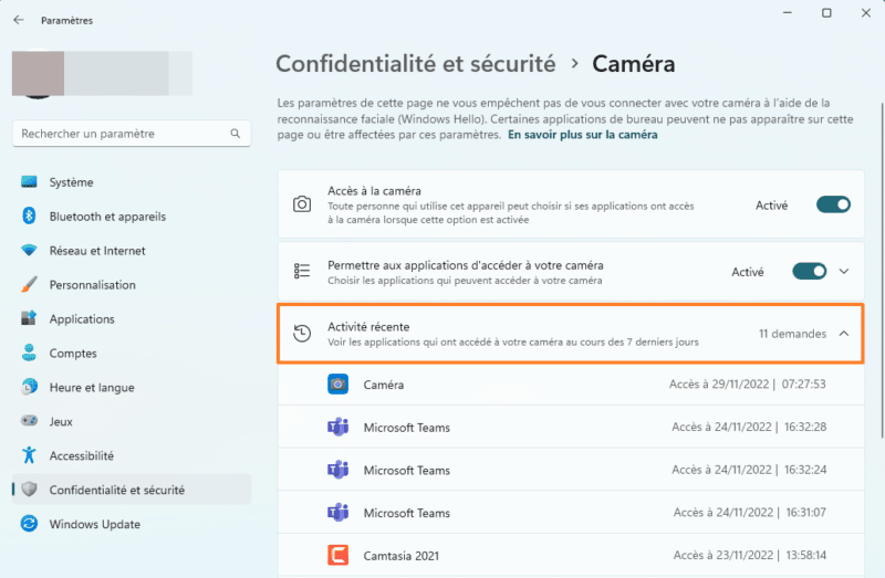 Windows 11 - Activité récente de la caméra