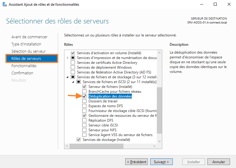 Déduplication de données - Installation du rôle Windows Server