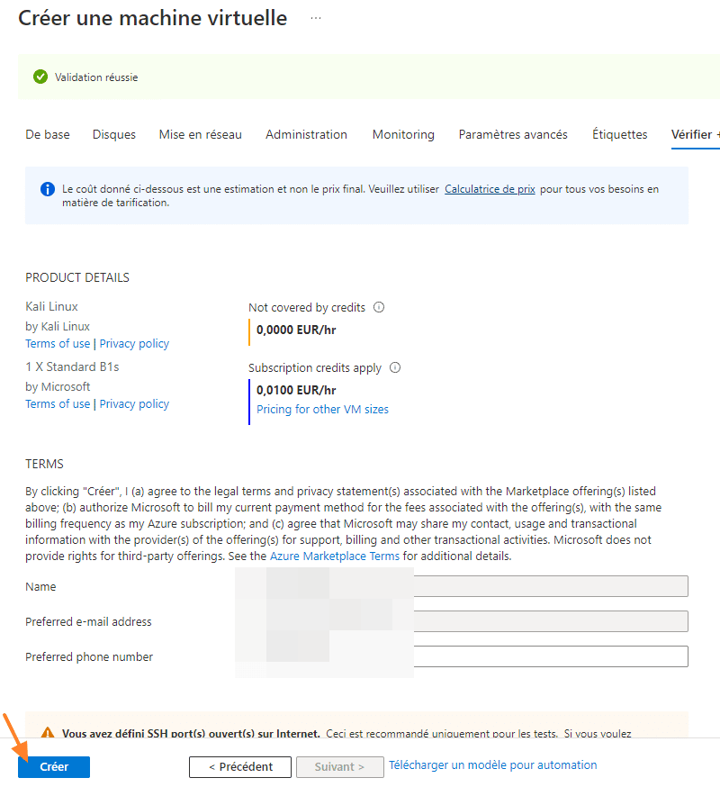 Kali Linux - Créer une VM Azure - Etape 7