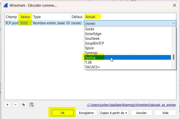Wireshark - Décoder comme - Choix du protocole