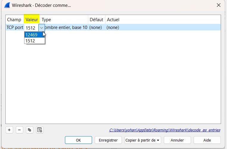 Wireshark - Décoder comme - Choix port TCP