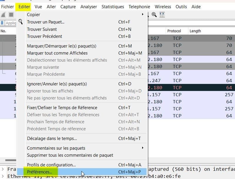 Wireshark - Menu Editer Préférences