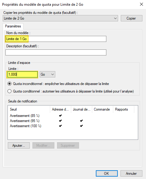 FSRM - Personnaliser un modèle de quota