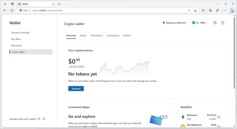 Microsoft Edge - Portefeuille cryptomonnaies