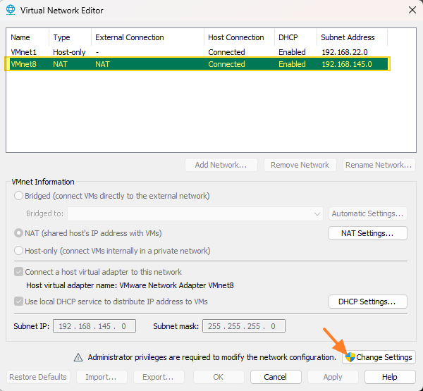 VMware Workstation Pro - NAT - Change Settings