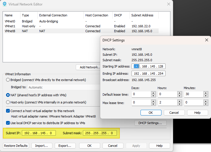 VMware Workstation Pro - NAT - Paramètre DHCP