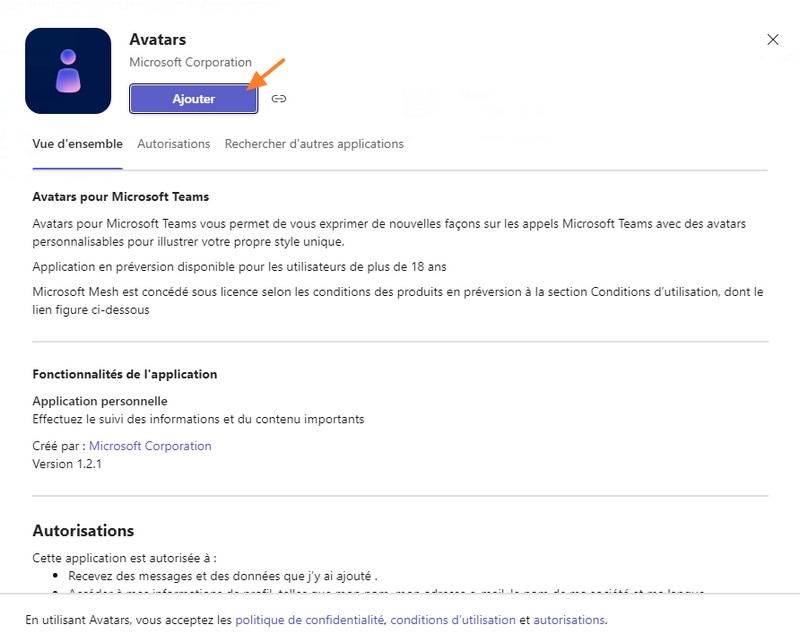 Microsoft Teams - Applications Avatars - Ajouter