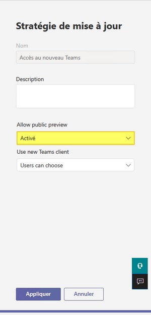 Microsoft Teams - Autoriser accès aux fonctions preview