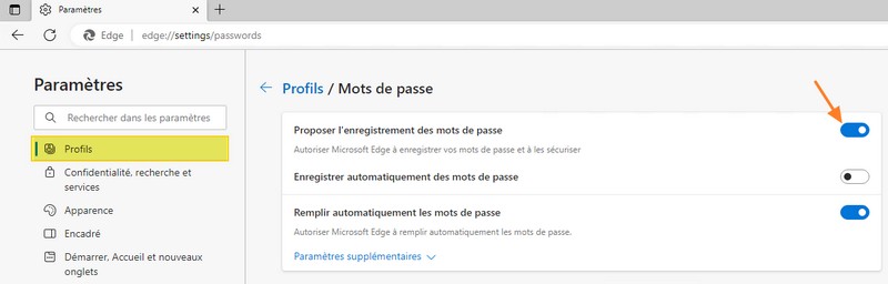 Microsoft Edge - Désactiver le gestionnaire de mots de passe