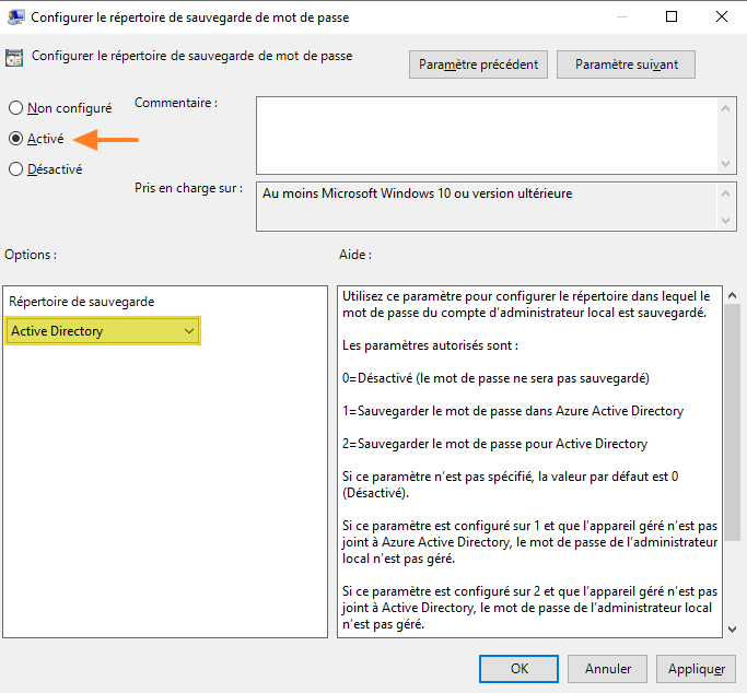 Windows LAPS - GPO - Configurer le répertoire de sauvegarde du mot de passe