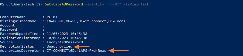 Windows LAPS - Get-LapsADPassword - Unauthorized
