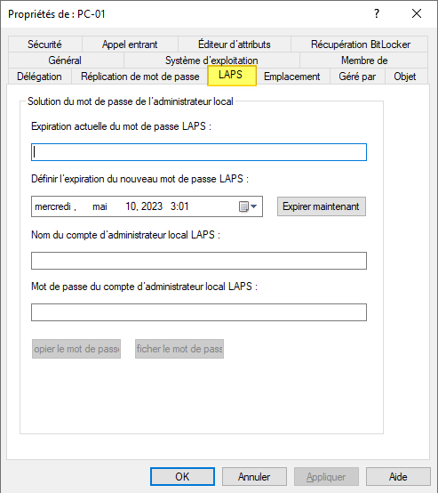 Windows LAPS - Onglet LAPS dans AD