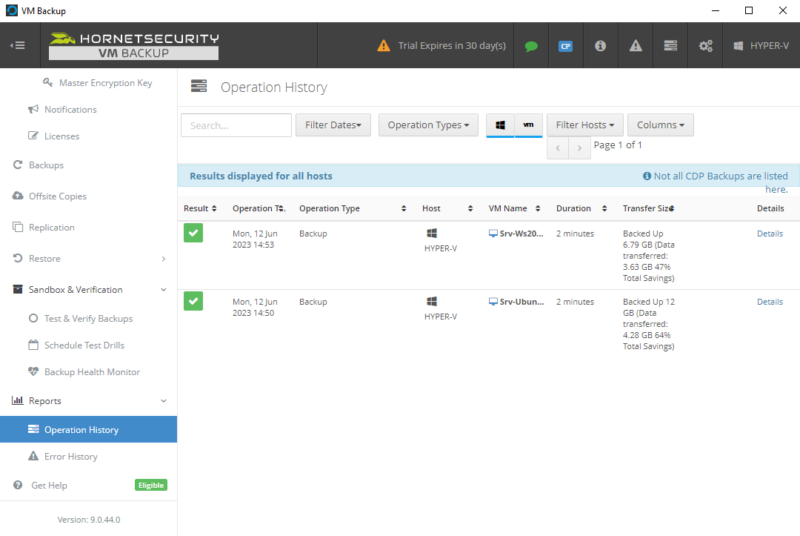 Hornetsecurity VM Backup - Historique des sauvegardes