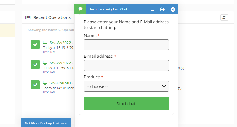 Hornetsecurity VM Backup - Support par chat