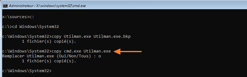 Copier cmd à la place de Utilman