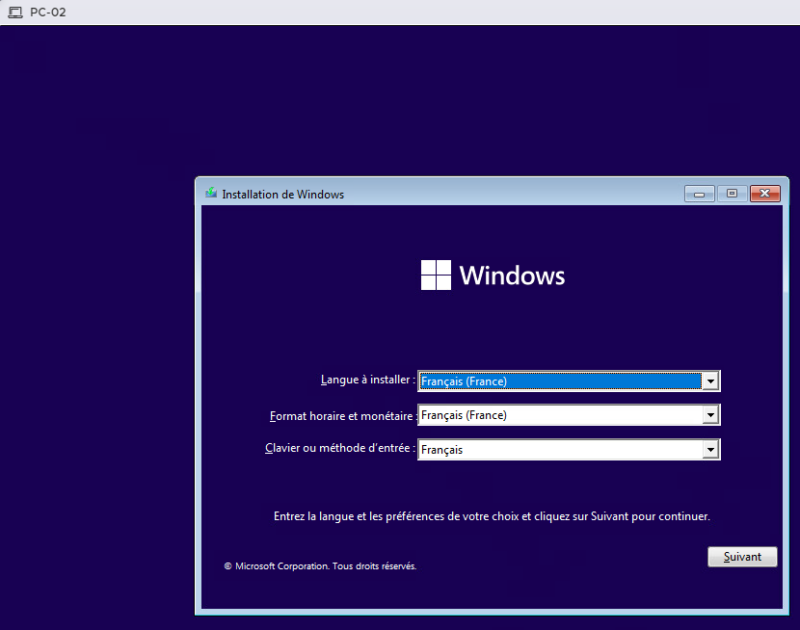 Ecran accueil installation de Windows