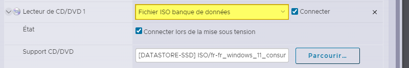 Fichier ISO Windows dans paramètres VM VMware