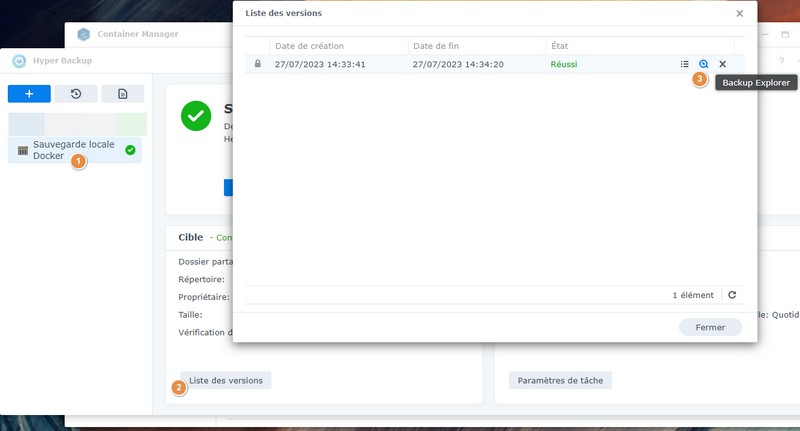 Hyper Backup - Liste des versions de la sauvegarde Docker