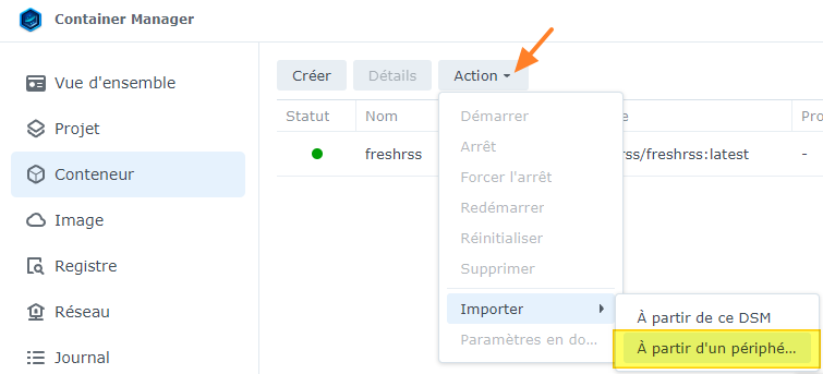 Importer la configuration d'un container Docker Synology