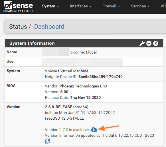 Mise à jour pfSense vers 2.7.0