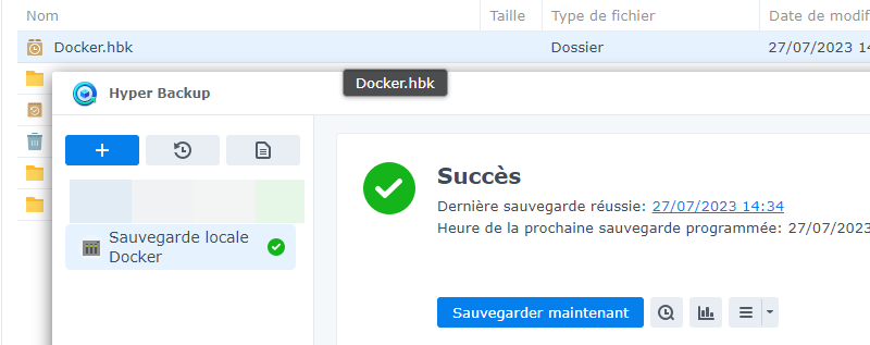 Sauvegarde Docker réussie dans Hyper Backup