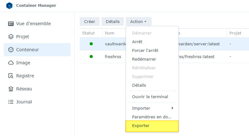 Sauvegarder configuration Container Docker Synology