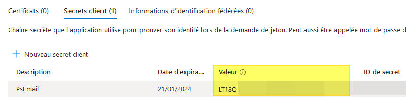 Secrets client pour Microsoft Graph PowerShell