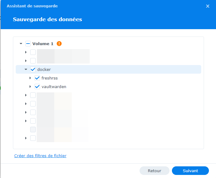Sélectionner les données à sauvegarder dans Hyper Backup