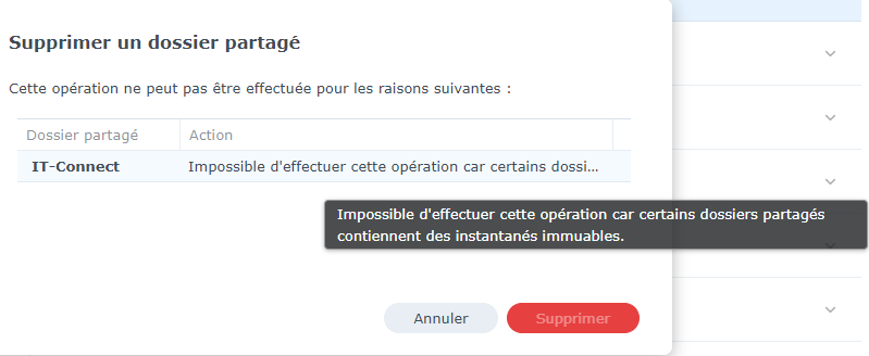 Supprimer un dossier partagé avec snapshot immuable