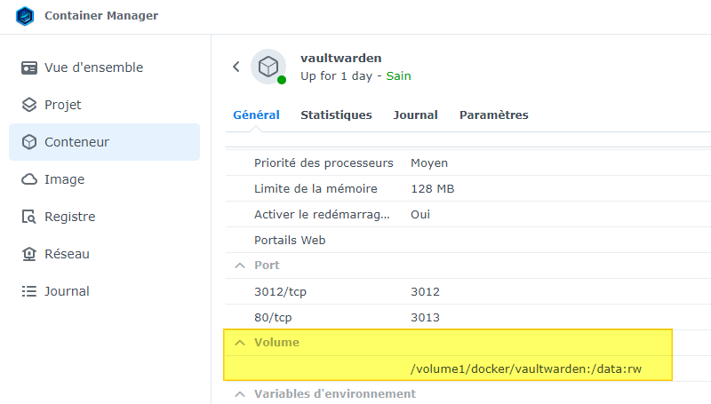 Synology - Volume d'un container Docker