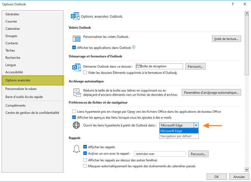 Outlook ouvre les liens avec Edge par défaut