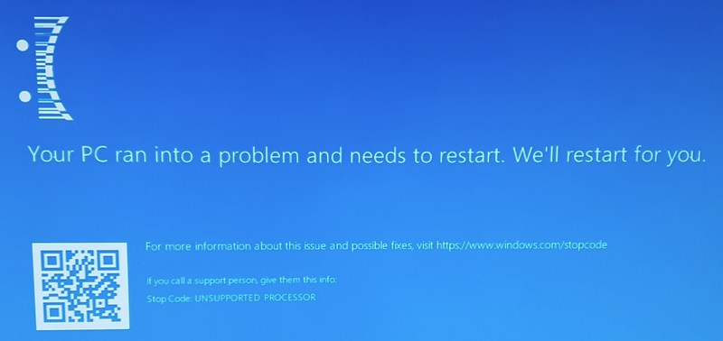 Windows - Ecran bleu UNSUPPORTED PROCESSOR